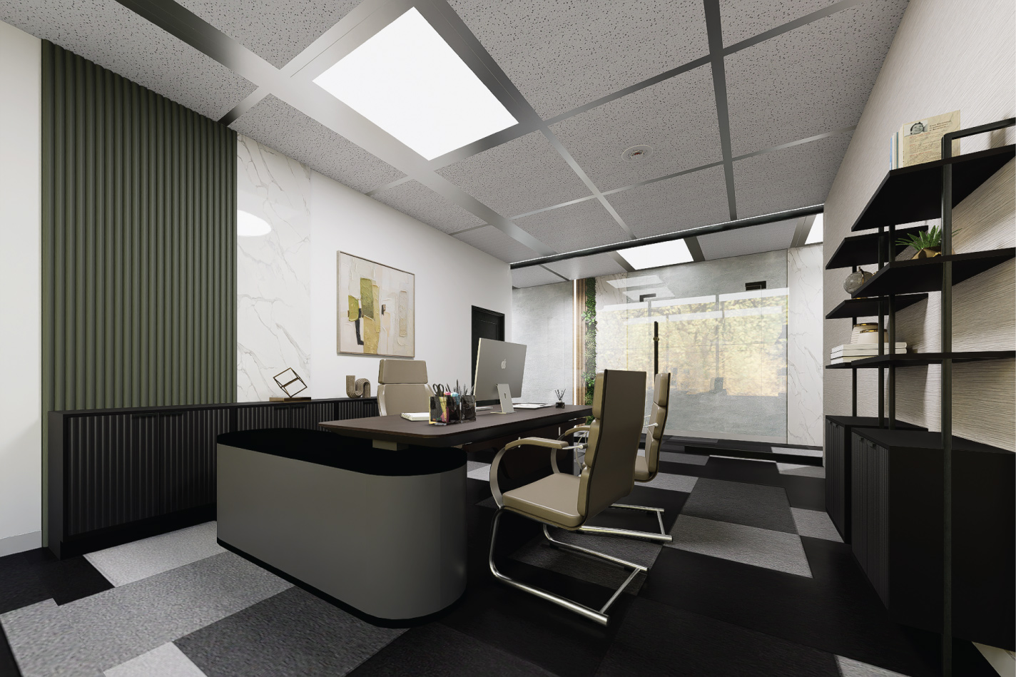 Modern corporate office interior design in Westwood, Orlando, Florida, featuring sleek executive workspace, contemporary furnishings, and functional commercial interiors.