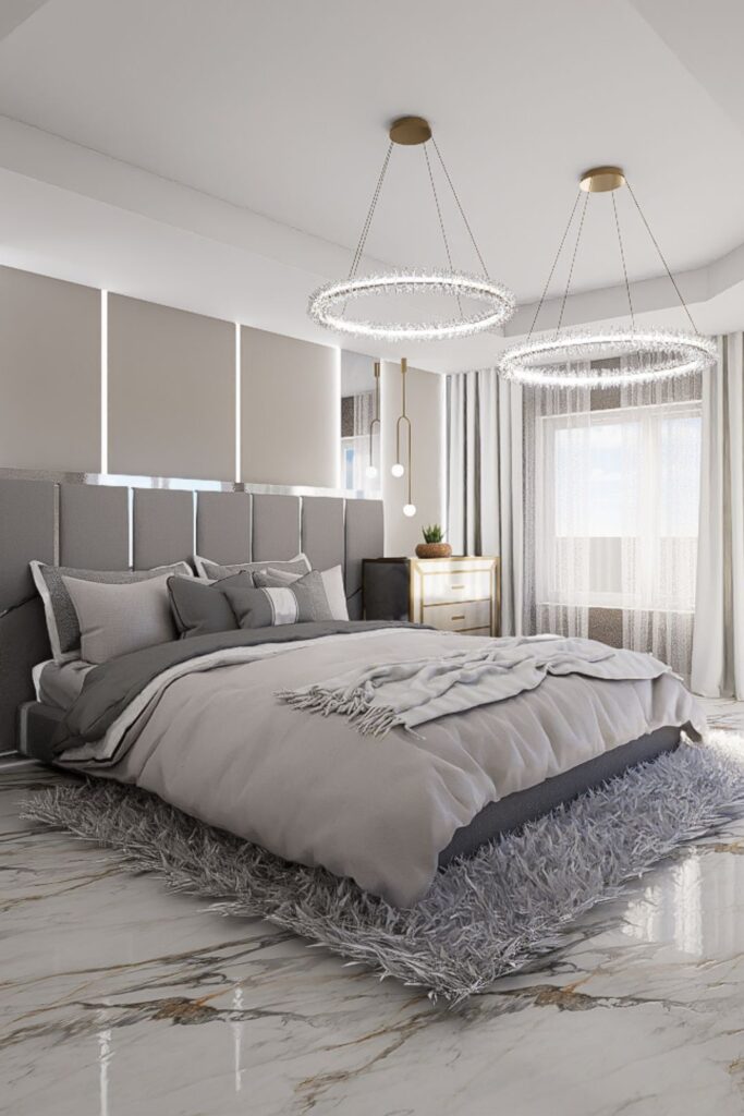 3D rendering of the primary bedroom designed by Zamira Ariza featuring custom lighting, layered textures, and a contemporary luxury aesthetic.