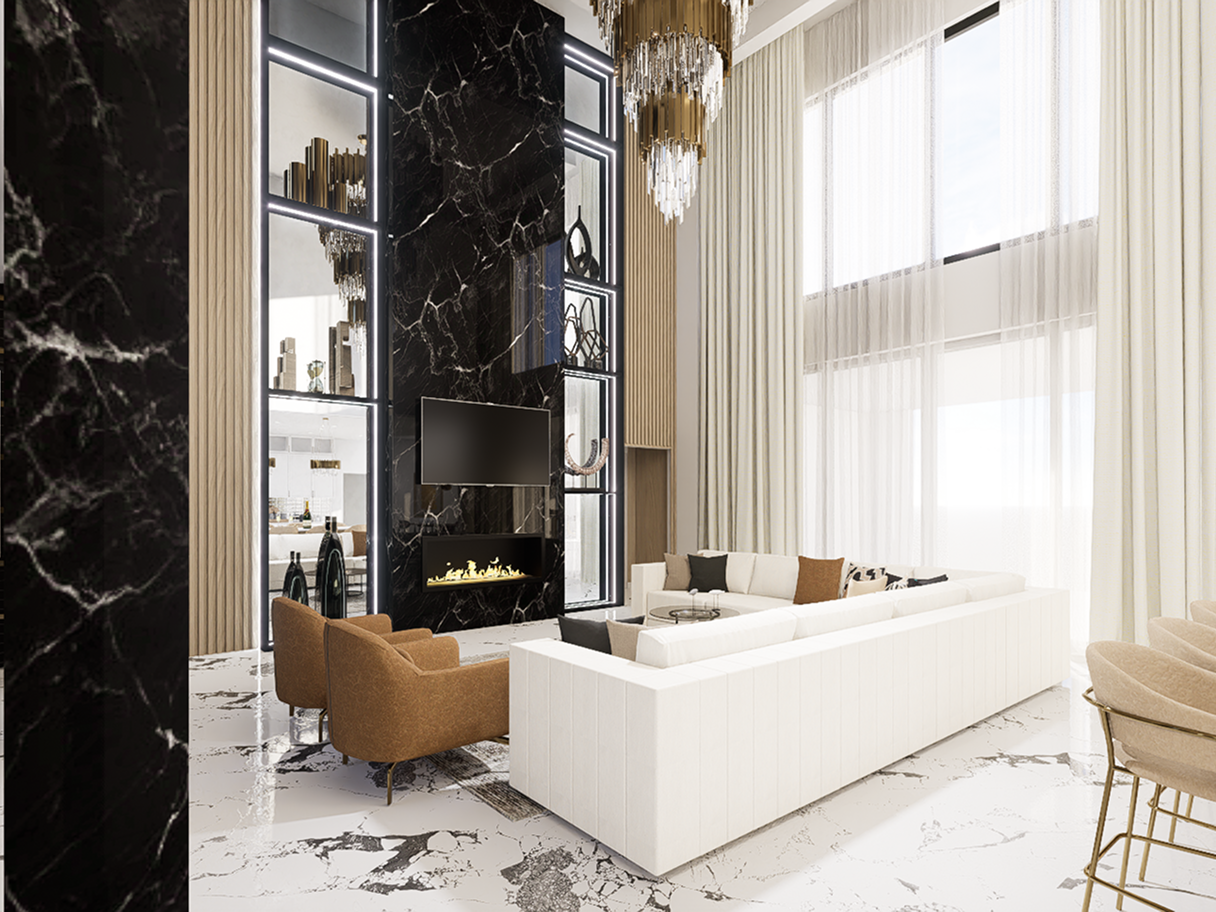Photorealistic 3D rendering of Flaava House's great room illustrating Zamira Ariza's interior design concept before construction was completed.