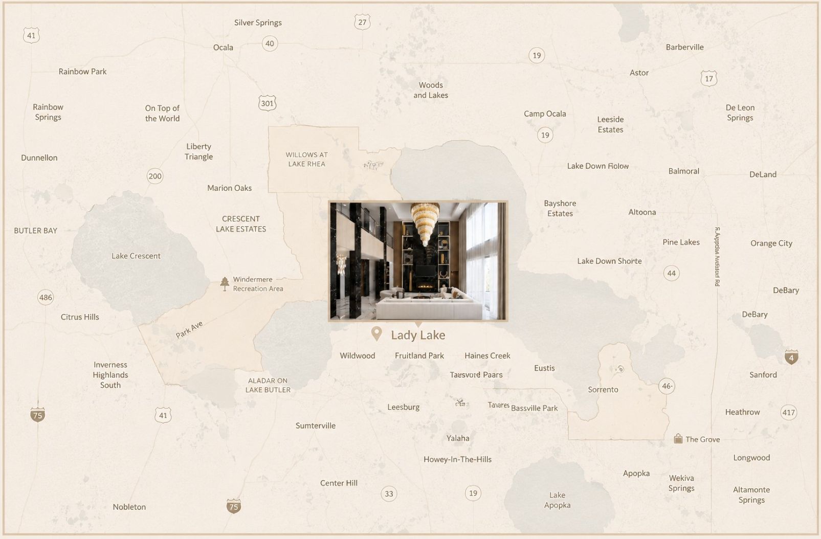 Location map highlighting Flaava House, a luxury interior design project by Zamira Ariza in Lady Lake, Lake County, Florida.