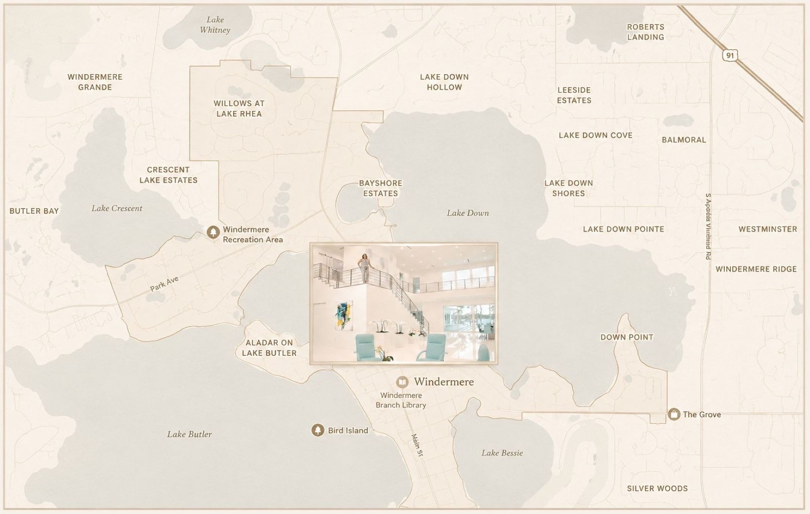 Location map highlighting Canvas Sur, a luxury lakefront residence within the prestigious Windermere Chain of Lakes in Windermere, Orange County, Florida.
