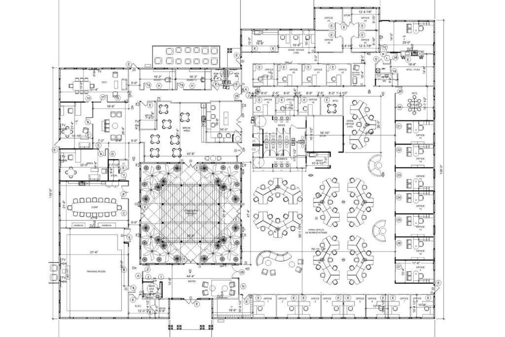 Design floor plan for The Gulf Standard corporate headquarters, illustrating the hospitality-inspired workplace transformation in Sarasota, Florida.