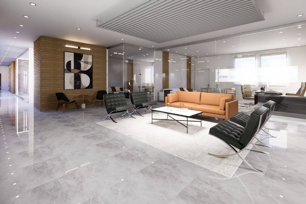 3D rendering of the reception and welcome lounge for The Gulf Standard corporate headquarters in Sarasota, Florida.