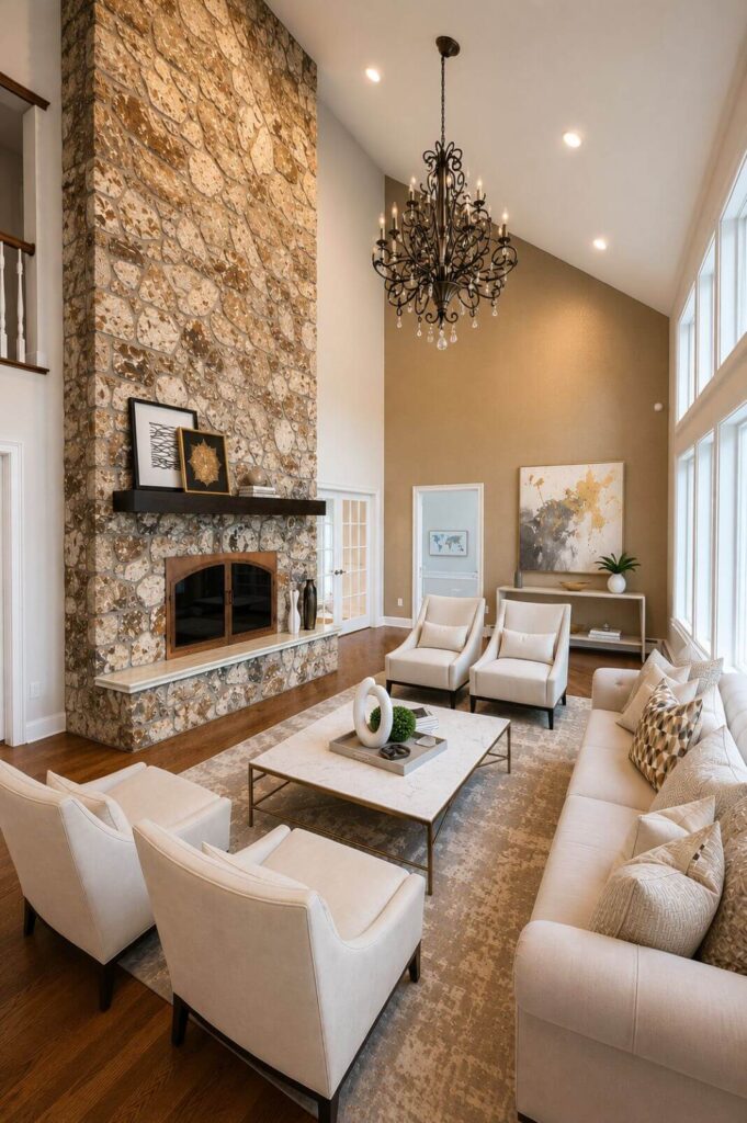 Luxury furnished double-height living room with custom seating arrangement, oversized stone fireplace, neutral color palette, and contemporary artwork in North Caldwell, New Jersey.